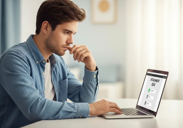 Person reflecting on relationship patterns, considering attachment quiz.