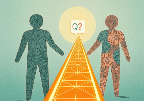 Quiz interface with abstract figures on a healing path