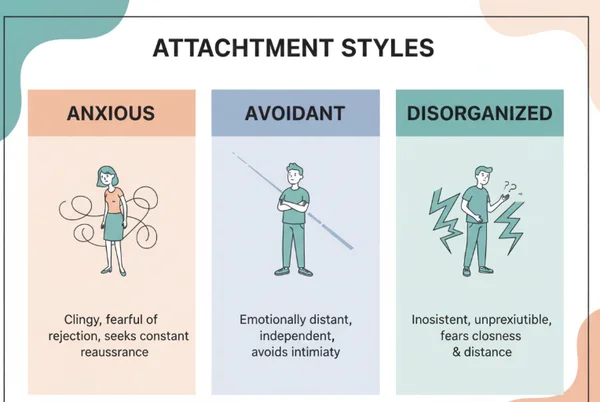 展示 3 种主要不安全依恋类型的图表
