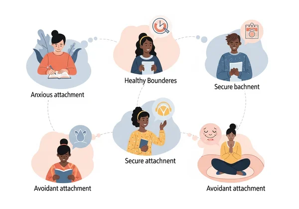 Woman with thought bubbles representing different self-care