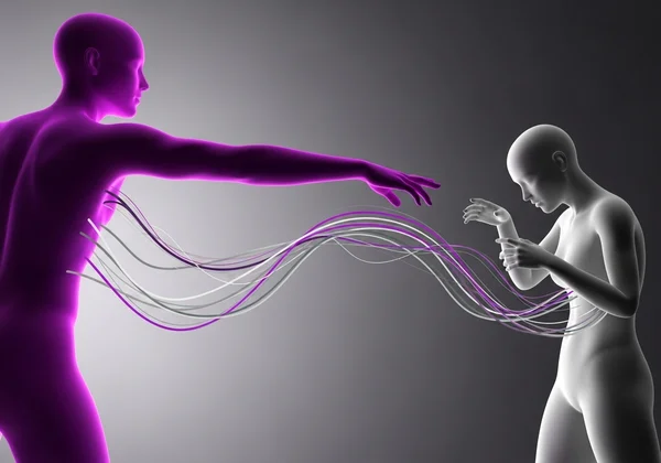 Two abstract figures in a push-pull relationship dynamic.