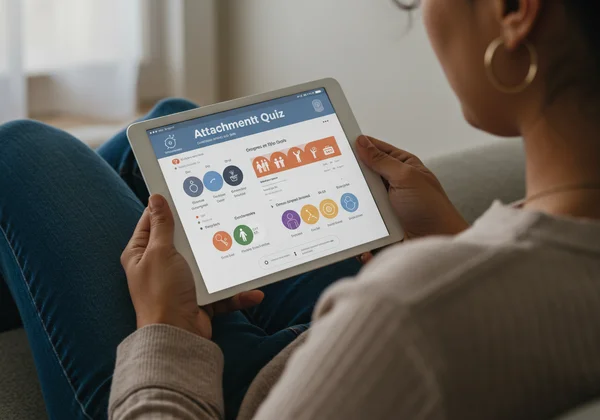 Person reflecting, considering quiz results on a digital device.