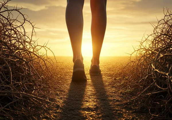 A person walking from a tangled path to a clear one.