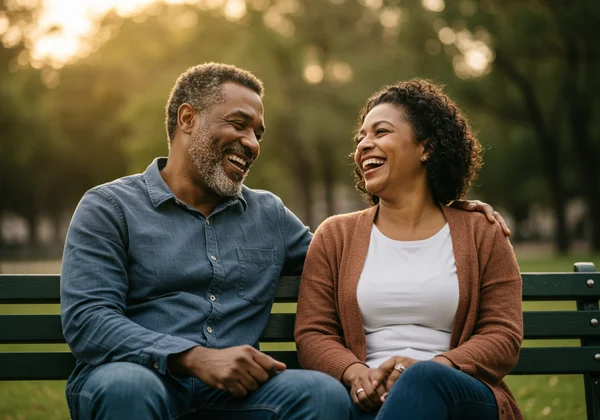 A happy, relaxed couple laughing together outdoors.