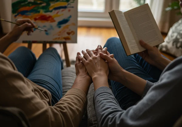 Two people holding hands while pursuing separate hobbies.