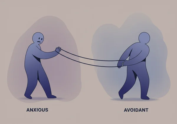 Illustrates anxious and avoidant partners in a push-pull dance