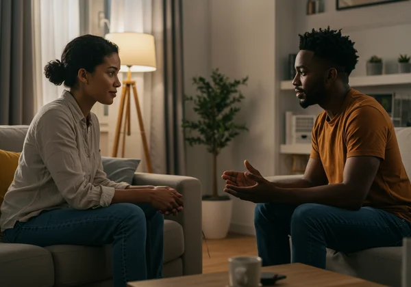 Couple engaged in calm, healthy communication.