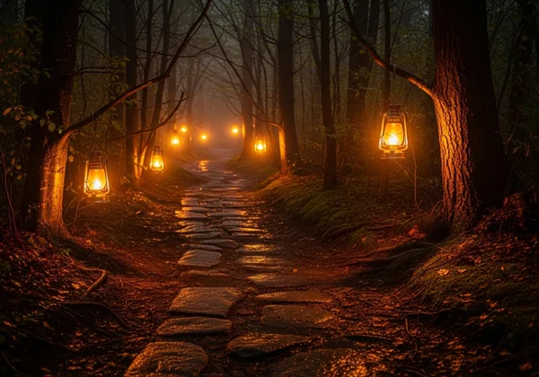 Warm lantern lighting the path